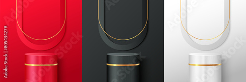 Set of realistic 3D round podium display with golden elegant elements on background with abstract geometric shapes. Product presentation mockup.
