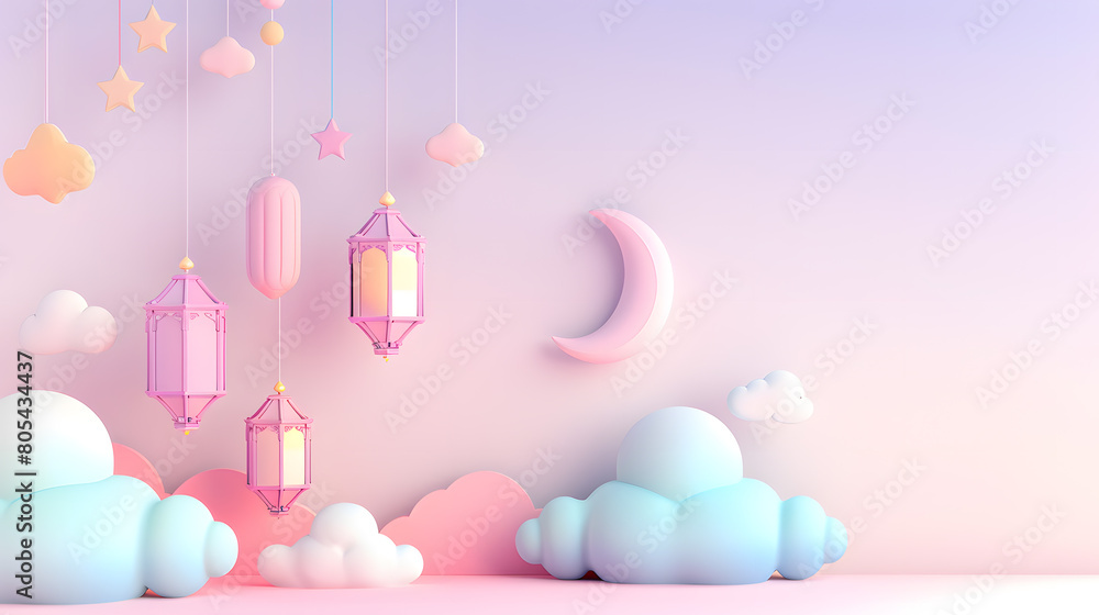 3D colorful pastel hanging lanterns, clouds and crescent moon on a pastel background with copy space for text. Islamic ornamental decoration design 3D colorful pastel hanging lanterns, clouds and crescent moon on a pastel background with copy space for text. Islamic ornamental decoration design
