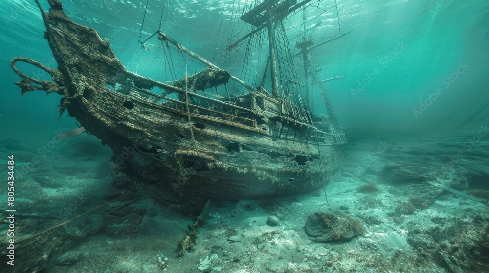 ancient ship under the sunken sea in high resolution and high quality