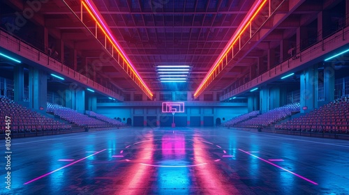 Basketball Arena Neon Lights  A photo of an empty basketball arena illuminated by neon lights
