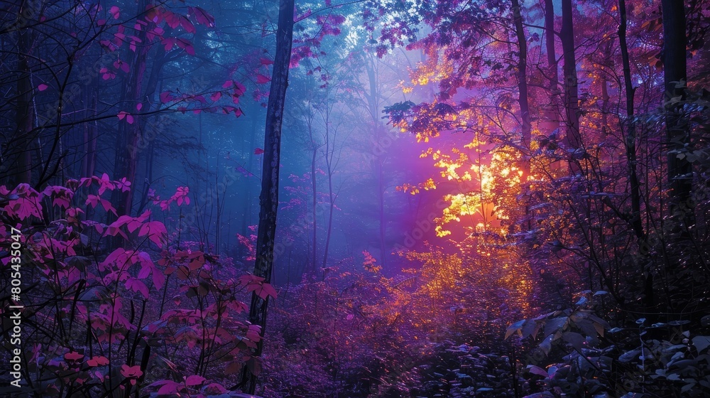 Fototapeta premium Forest Beauty: A neon photo showcasing the beauty of a forest, with its vibrant colors