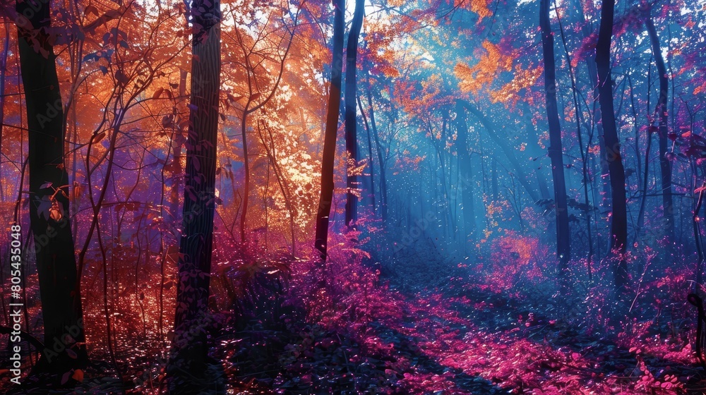 Obraz premium Forest Mystery: A neon photo depicting the mystery of a forest, with shadows and light playing among the trees
