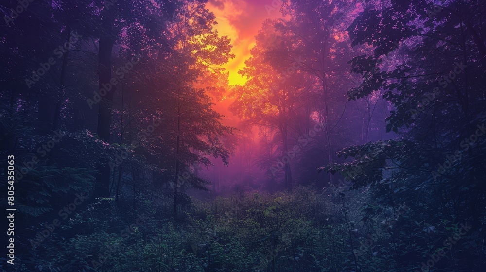 Forest Twilight: A neon photo capturing the beauty of twilight in a forest Forest Twilight: A neon photo capturing the beauty of twilight in a forest