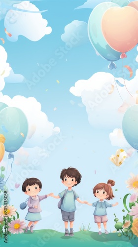 Card invitation background  A group of children joyfully stand on a vibrant green field  surrounded by natures beauty