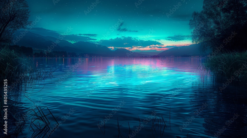 Lakes and Rivers Serene: A neon photo depicting a serene lake or river
