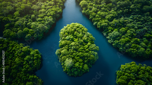 A birds eye view of a river winding through a vibrant green forest