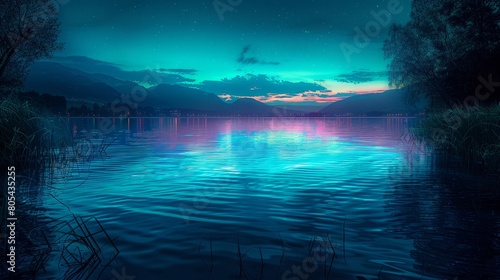 Lakes and Rivers Serene  A neon photo depicting a serene lake or river