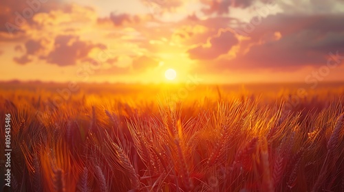 A golden wheat field stretches into the distance, kissed by the warm hues of a setting sun. The sky is painted in shades of pink, orange