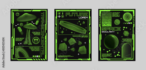 Psychedelic retro futuristic vector posters set with geometric shapes and acid style objects. Y2K rave aesthetic design.