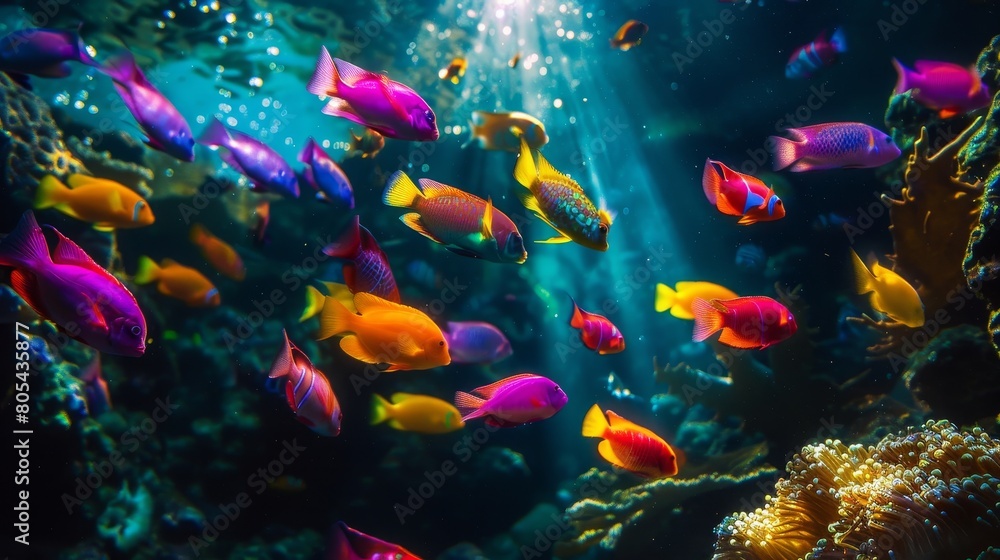 Naklejka premium Neon Fish Vibrant Ecosystem: A photo showcasing the vibrant ecosystem of neon fish