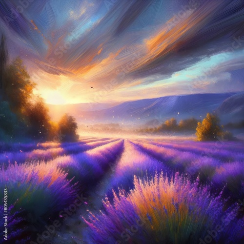 Serene Sunset Over Blooming Lavender Field in Vibrant Sky