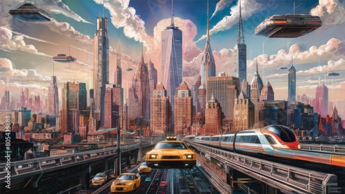 A digital painting of a futuristic cityscape with flying cars  modern trains  and skyscrapers against a vibrant sky.