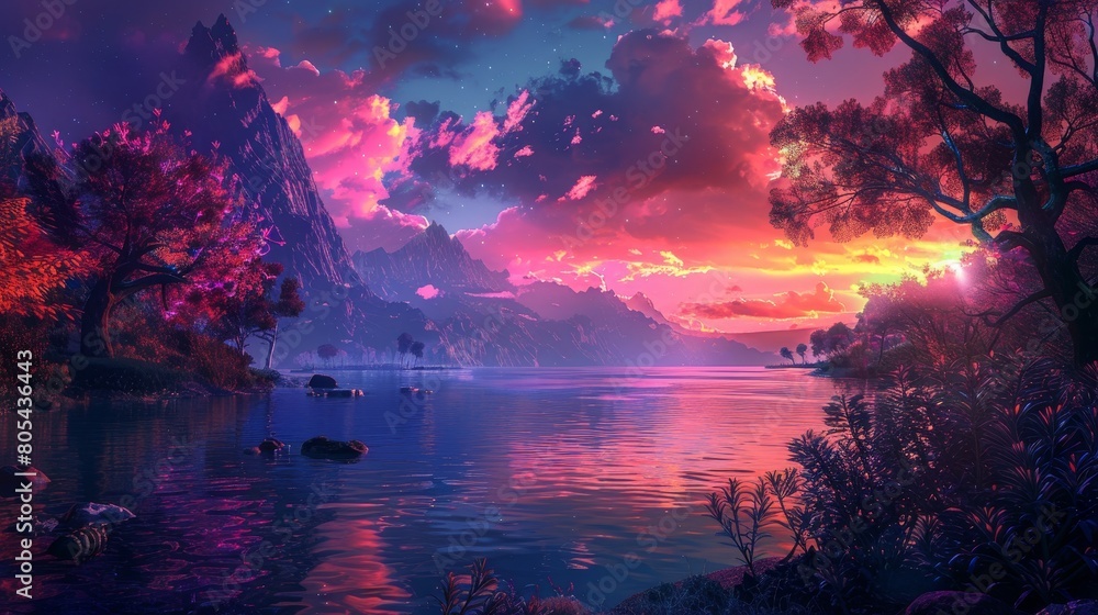 Neon Wildlife Landscapes Nature's Majesty: A photo showcasing the majestic beauty of nature in neon-lit landscapes