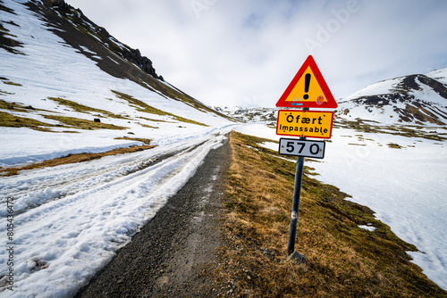 Road warning sign at the base of the Snæfellsjökull volcano in Iceland photo