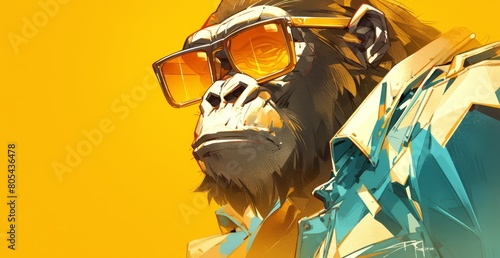 Gorilla wearing sunglasses against a yellow background in the colorful polygonal style. 