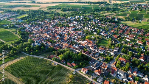 Aerial view around the old town of the city Essenheim on a sunny day in Germany.