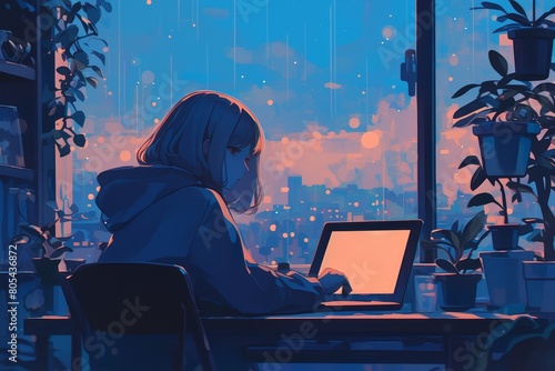 lofi girl sitting at her desk with a laptop, the view from behind her back looking out the window. Outside it is raining and there are potted plants on a shelf, in the style of anime.
