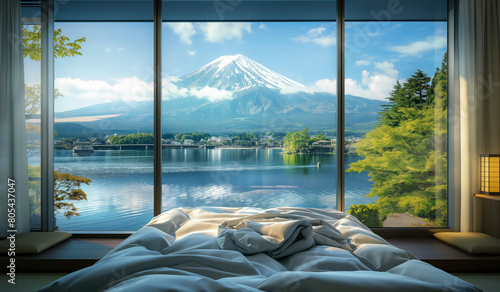 Fototapeta Naklejka Na Ścianę i Meble -  A mountain range is visible in the distance, with a lake in the foreground. The scene is peaceful and serene, with a bed in the foreground and a window overlooking the water background