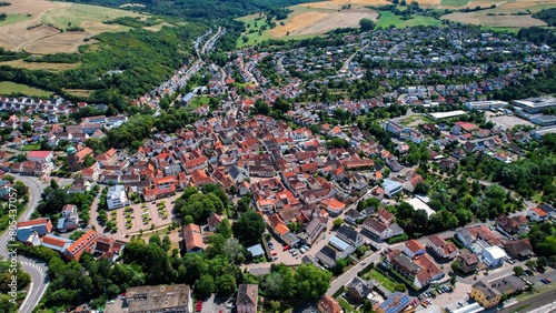 Aerial view around the old town of the city Rockenhausen on a sunny day in Germany.
