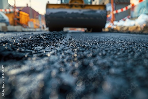 Laying fresh asphalt, road work with asphalt finisher , asphalt paver rolls asphalt