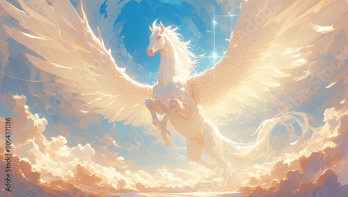 Pegasus, the winged horse of Greek mythology flying in an epic scene. 