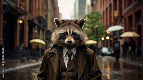 Imagine a dapper raccoon in a tweed blazer, complete with a bowler hat photo