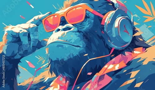 Ape wearing sunglasses and headphones with paint splashes in the background. photo