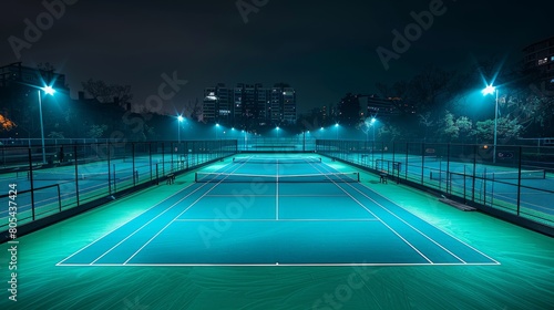 Tennis Courts Night Glow: A photo of empty tennis courts glowing in the night