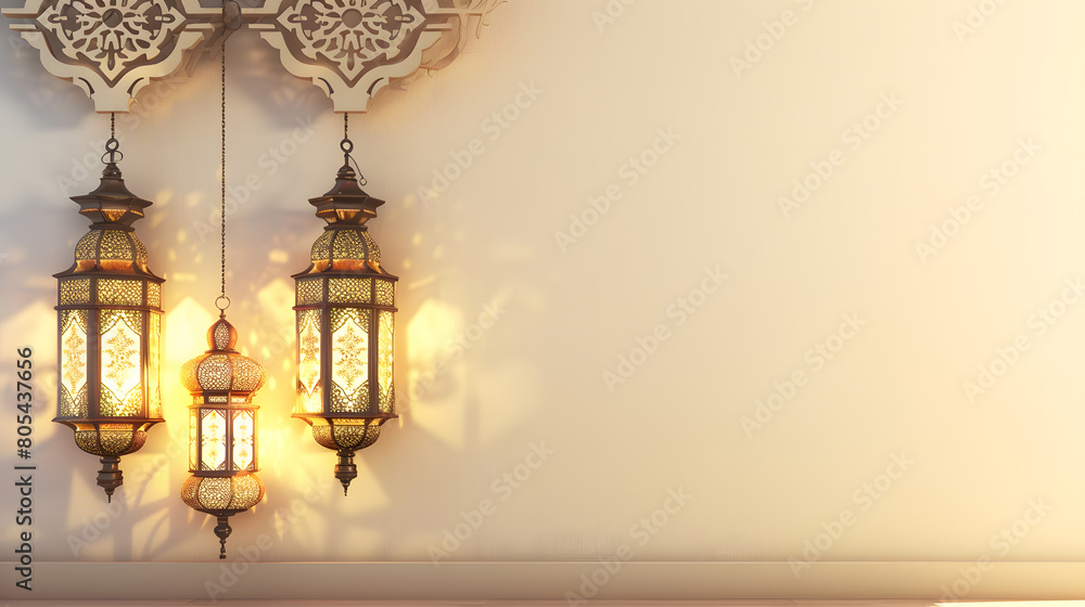 Arabic lanterns and decorations on a white wall background. Copy space for text in a gold color Arabic lanterns and decorations on a white wall background. Copy space for text in a gold color