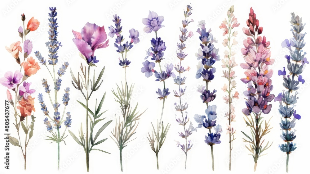 Naklejka premium A variety of lavender flowers in shades of purple, pink, and white. The flowers are arranged in a row with green stems and leaves. The background is white.