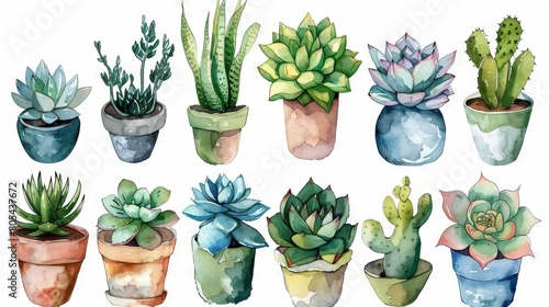 A variety of succulents and cacti in pots, painted in watercolors. Perfect for home or office. photo