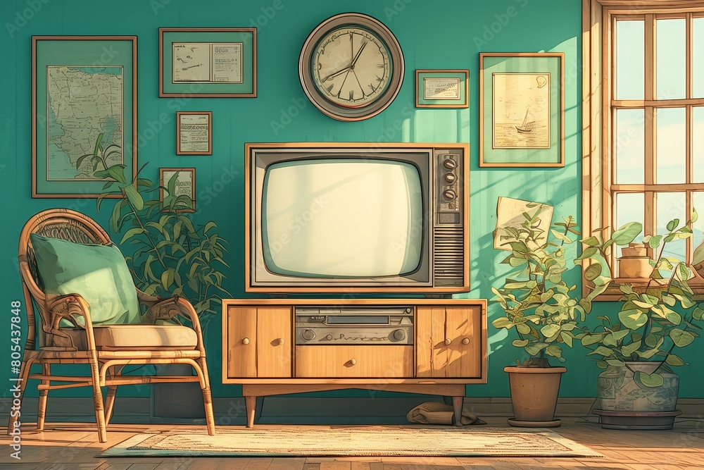 Vintage style television set in an old-fashioned living room with classic furniture and decor, featuring retro colors like teal walls