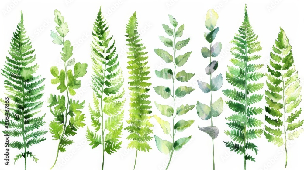 Delicate greenery. Watercolor set with hand drawn fern, eucalyptus and other leaves. Botanical illustration isolated on white background. Delicate greenery. Watercolor set with hand drawn fern, eucalyptus and other leaves. Botanical illustration isolated on white background.
