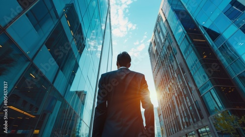 Businessman in suit with business office glass modern buildings background,Rear view of a businessman gazing at towering skyscrapers, symbolizing ambition and corporate success Corporate. Generated AI photo