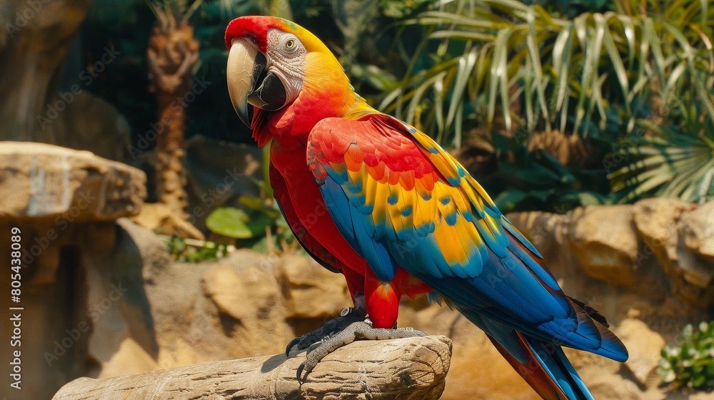 A colorful parrot perched on a branch in a tropical rainforest, surrounded by lush greenery, The images are of high quality and clarity