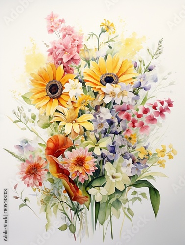 Watercolor artwork of a summer bouquet with sunflowers and snapdragons, capturing the essence of summer vibrancy on a serene white canvas ,  watercolor painting