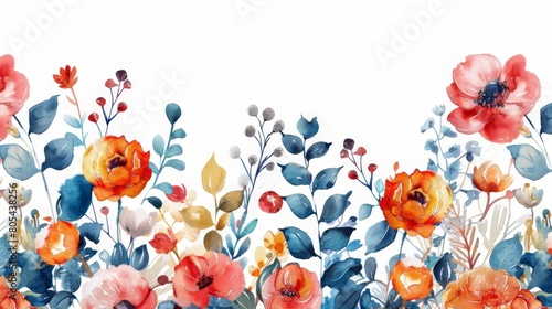 Fototapeta Naklejka Na Ścianę i Meble -  Red and blue watercolor floral border. Delicate flowers and leaves.