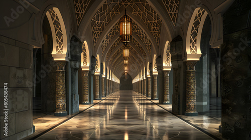 Islamic archway with ornate patterns and hanging lanterns  leading to the empty mosque hall