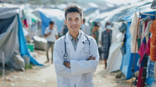 Young man volunteer doctor in refugee camp, providing critical healthcare and support amidst a humanitarian tragedy. Generative ai photo