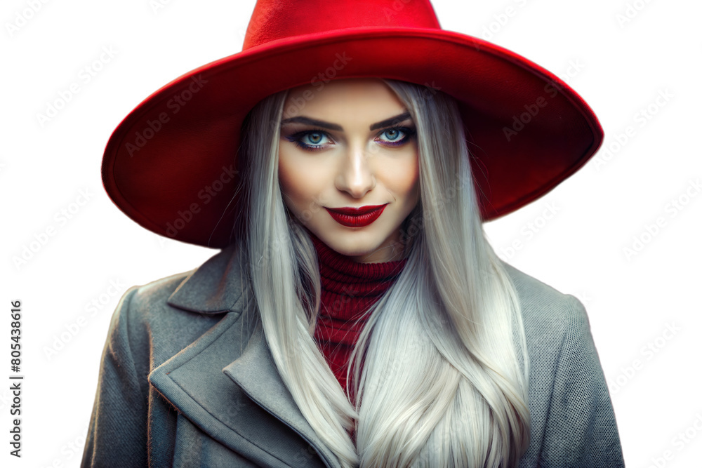 Elegant woman with silver hair, red hat, and bold red lips posing in an transparent background. A glamorous, stylish portrait showcasing confidence, beauty, and timeless fashion. Elegant woman with silver hair, red hat, and bold red lips posing in an transparent background. A glamorous, stylish portrait showcasing confidence, beauty, and timeless fashion.