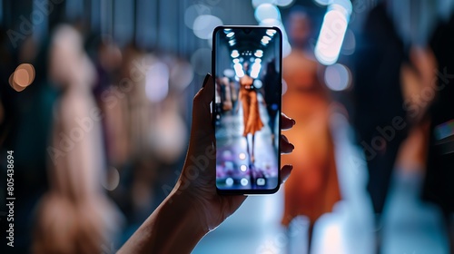 A mobile phone designed for fashionistas, with fashion-forward design elements and style inspiration apps, against a softly blurred runway backdrop, embodying the essence of haute couture photo