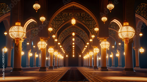 Islamic archway with ornate patterns and hanging lanterns, leading to the empty mosque hall