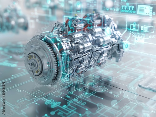 Technical presentation of an engine with a 3D model overlaying precise engineering schematics for enhanced understanding, close-up photo