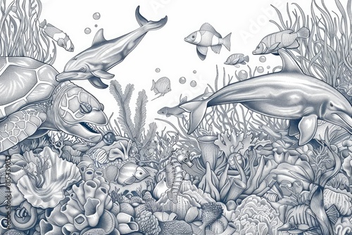 A blue and white drawing of a coral reef with a variety of sea creatures photo