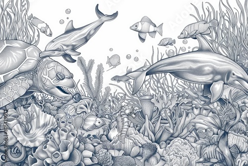 Fototapeta Naklejka Na Ścianę i Meble -  A blue and white drawing of a coral reef with a variety of sea creatures