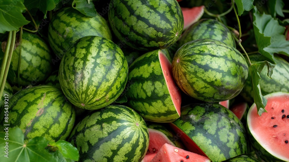 A pile of watermelon sitting on top of green leaves