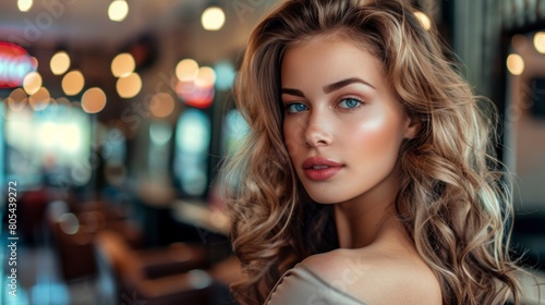 portrait of a beautiful blonde, white and blue-eyed woman with perfect skin with blurred background in high resolution and quality