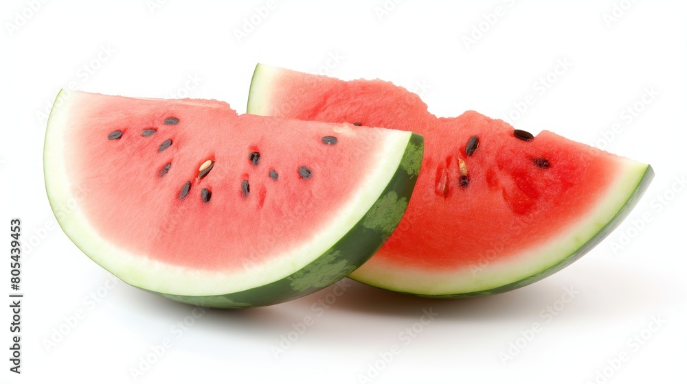 Two wedges of ripe watermelon placed on a clean white surface Two wedges of ripe watermelon placed on a clean white surface