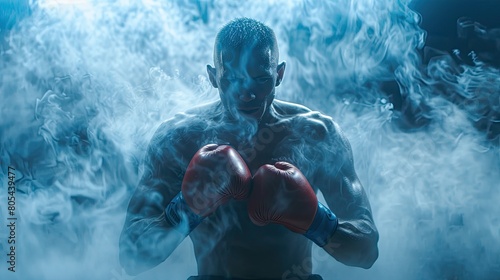 Boxing banner. Intense boxer readying for a fight amidst dramatic mist. sports themes and powerful narratives. photo