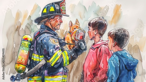 A firefighter is talking to two children and showing them a kitten he rescued from a fire.